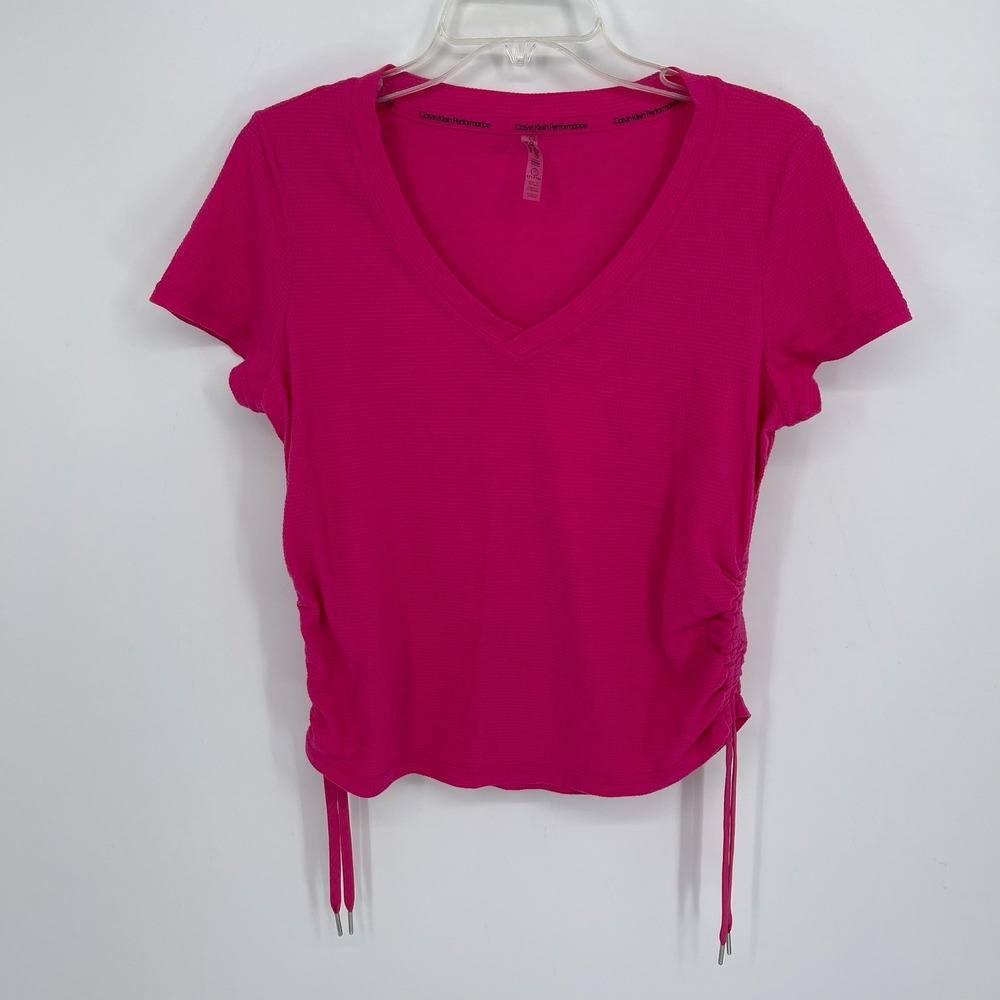 Calvin Klein Women's Pink Ruched Side Breathe Waffle Knit V-Neck T-Shirt Size M